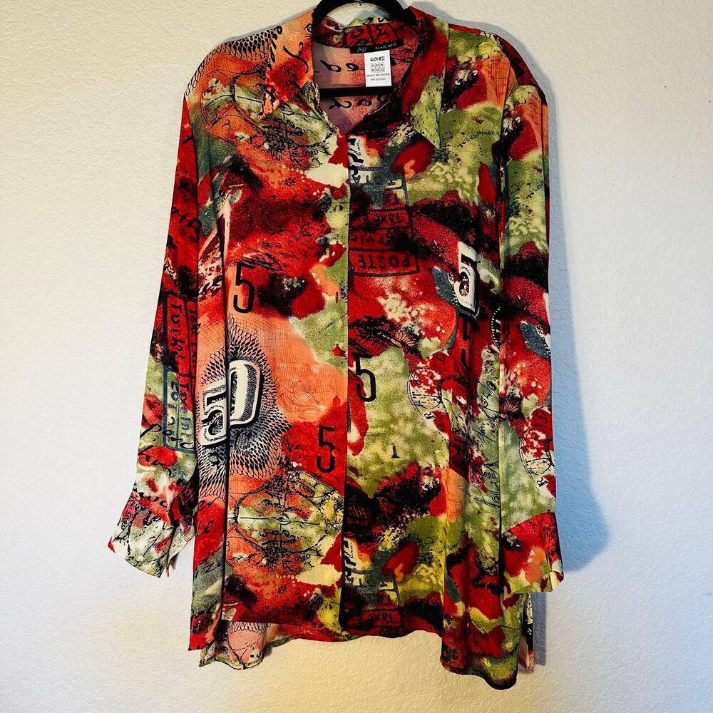 Alain Weiz Women's Red Abstract Long Sleeve Button Down Shirts Tops Size 22